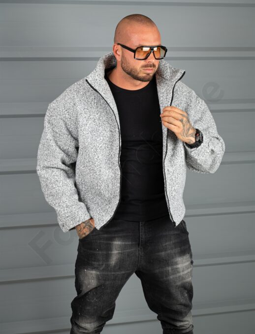 Мъжко Oversize яке от плътно букле с висока яка-сив меланж-код 26030-1