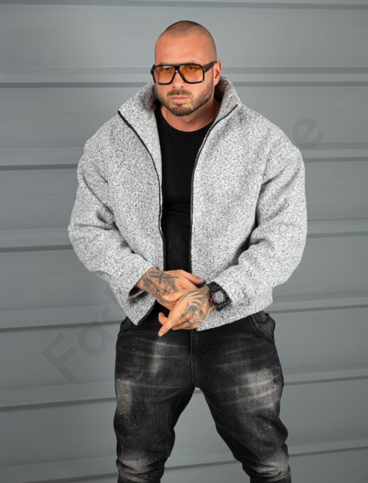 Мъжко Oversize яке от плътно букле с висока яка-сив меланж-код 26030-1