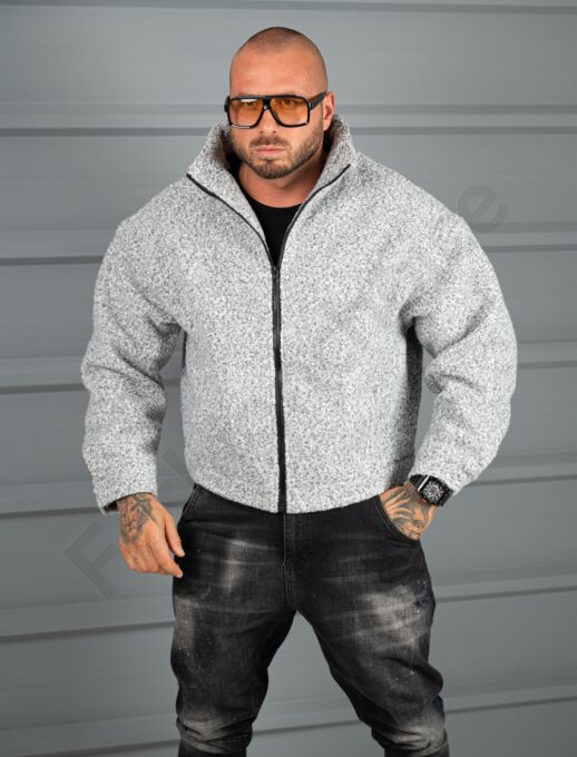 Мъжко Oversize яке от плътно букле с висока яка-сив меланж-код 26030-1