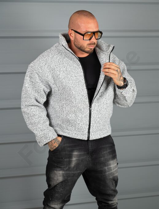 Мъжко Oversize яке от плътно букле с висока яка-сив меланж-код 26030-1