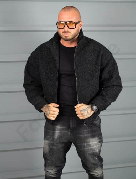 Мъжко Oversize яке от плътно букле с висока яка-черно-код 26030