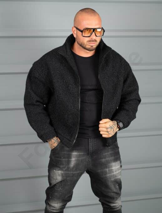 Мъжко Oversize яке от плътно букле с висока яка-черно-код 26030