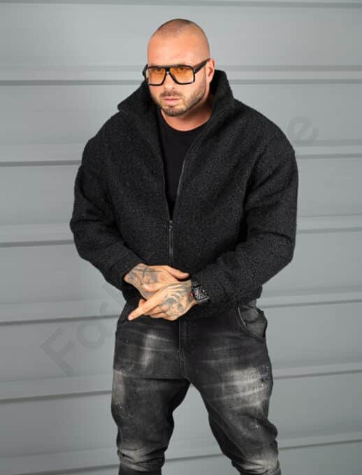 Мъжко Oversize яке от плътно букле с висока яка-черно-код 26030