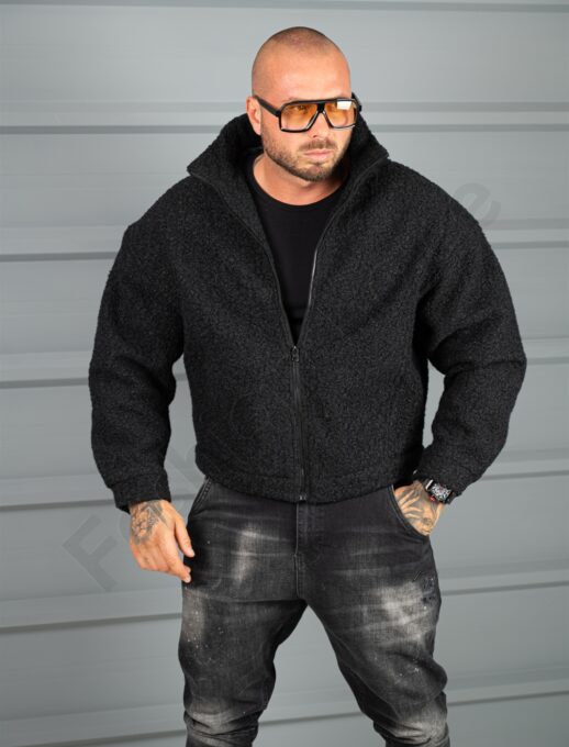 Мъжко Oversize яке от плътно букле с висока яка-черно-код 26030