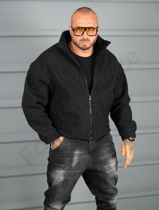 Мъжко Oversize яке от плътно букле с висока яка-черно-код 26030