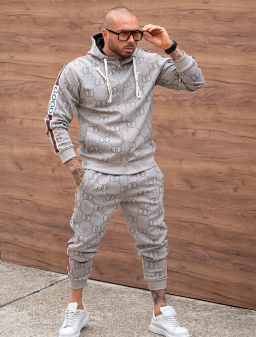 Мъжки спортен комплект в моден десен и контрастни кантове-сиво-код 6880-1