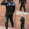 Мъжки спортен комплект с бродерия ICON и качулка-черно-код 602