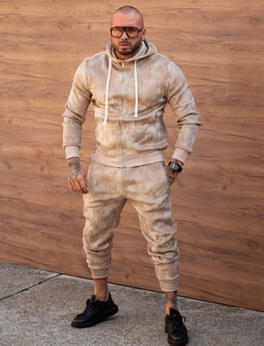 Mъжки плюшен спортен комплект с качулка и надписи Paris-бежово-код 2125-2