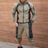Mъжки плюшен спортен комплект с качулка и контрастна платка-каки-код 2117-1
