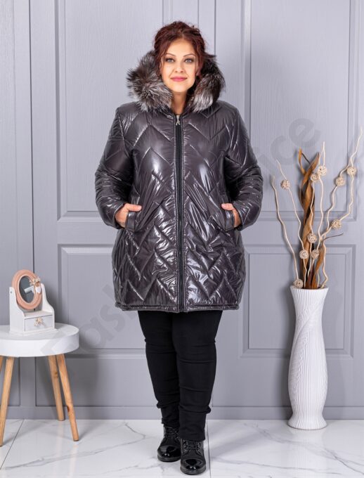 Зимно капитонирано макси яке с естествен косъм/сребърна лисица/-графит-код 26059-1
